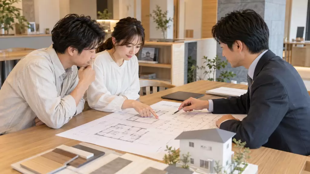 solar-outage-home-planning-consult | アップルホーム 注文住宅の電気設備図を見ながら太陽光の停電対策を確認する日本人夫婦