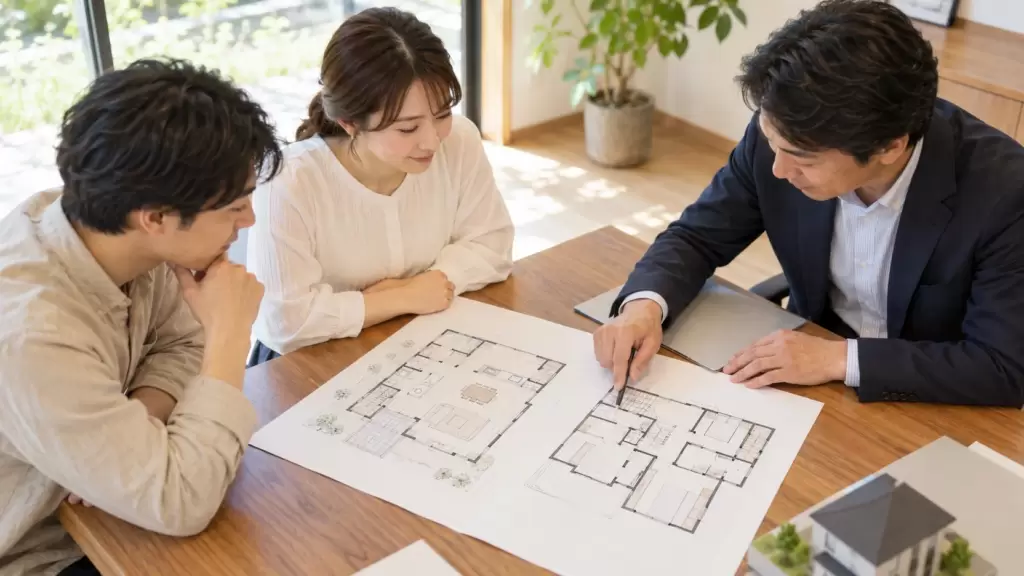 staircase-floorplan-family-consultation | アップルホーム リビング階段と廊下階段の間取りを住宅アドバイザーと確認する日本人夫婦