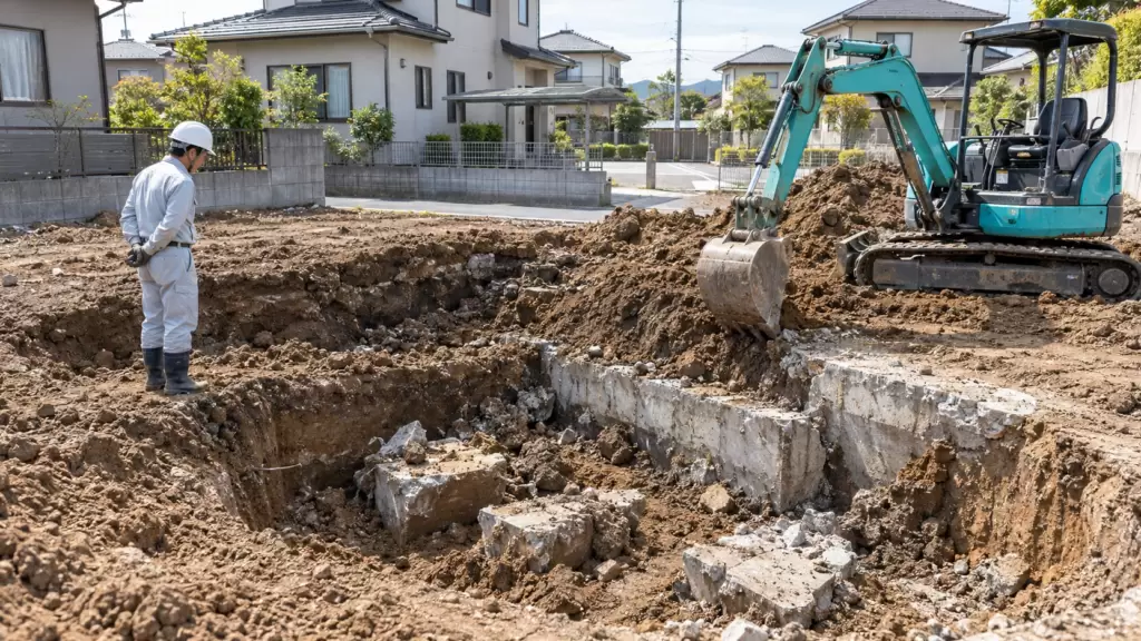 住宅用地の掘削で古いコンクリート基礎や地中埋設物が見つかった日本の土地