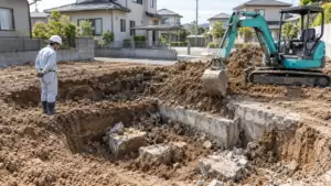 住宅用地の掘削で古いコンクリート基礎や地中埋設物が見つかった日本の土地