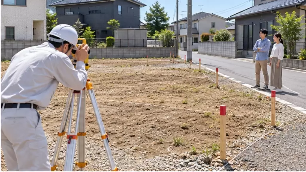 都市計画道路予定地で測量と予定線を確認するイメージ