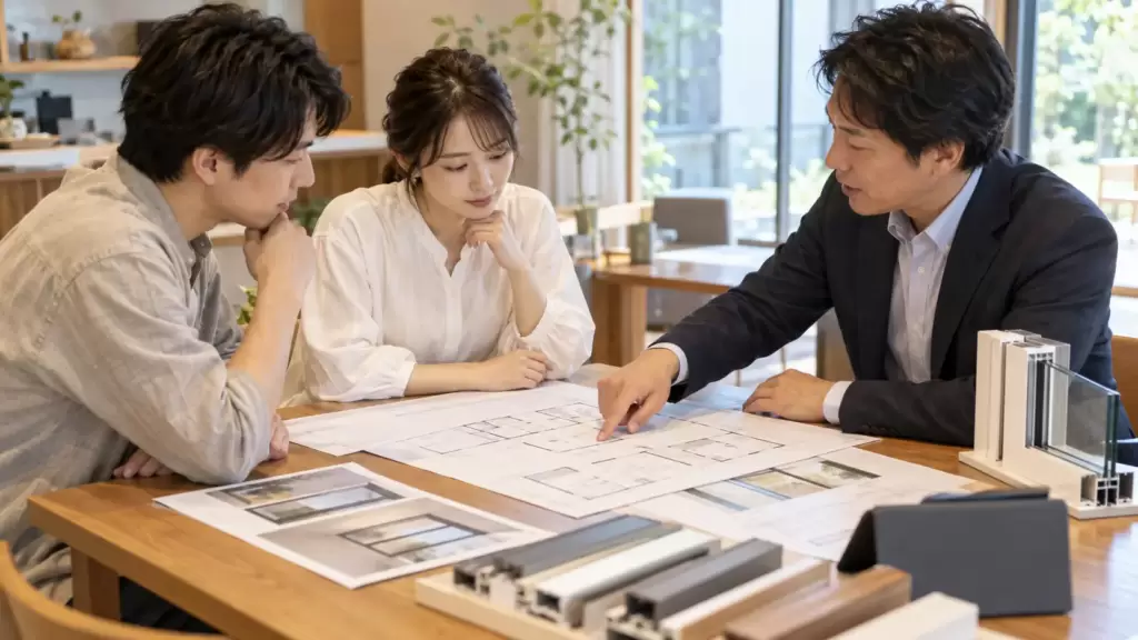 注文住宅の窓の配置図と見積り資料を確認する日本人夫婦と住宅担当者